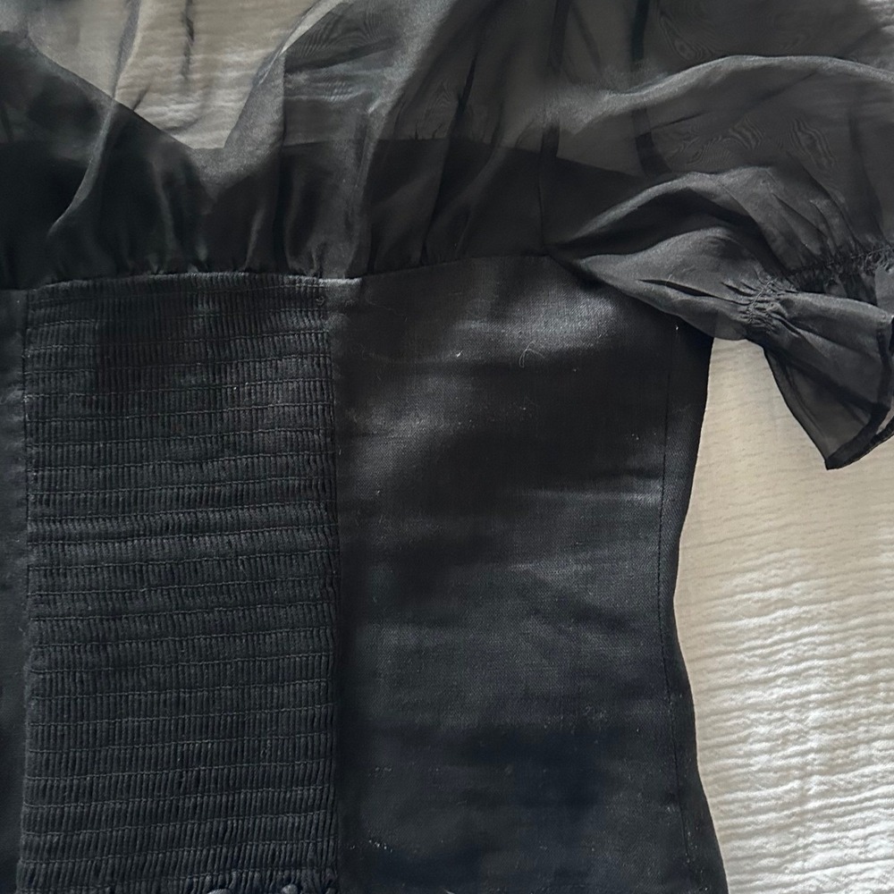 Reformation Black Linen Sheer Organza Puff Sleeve Button Front Top Size 6 - Picture 7 of 7